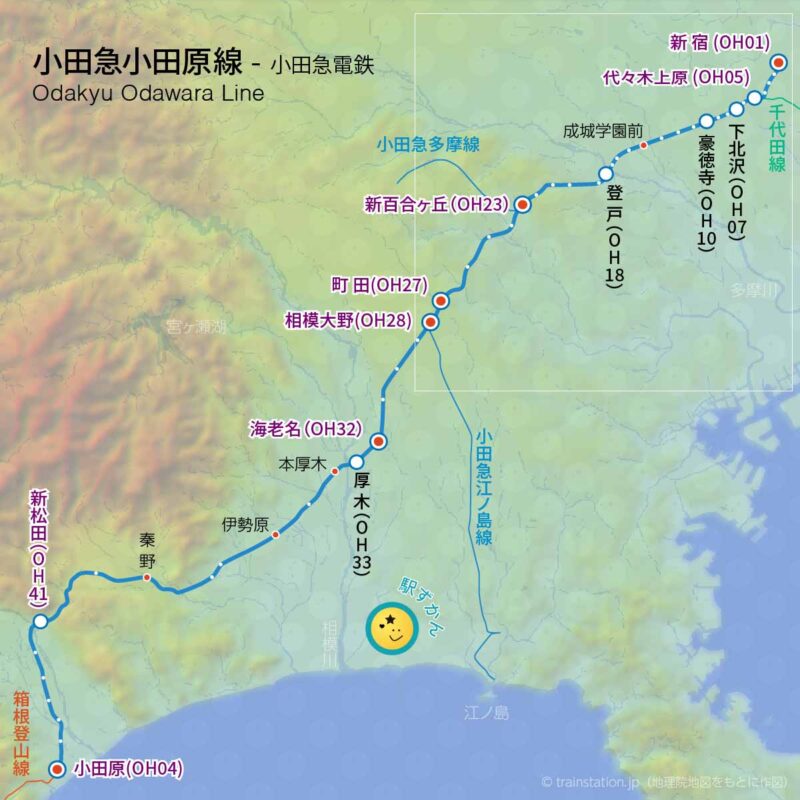 小田急小田原線路線図と地形地図