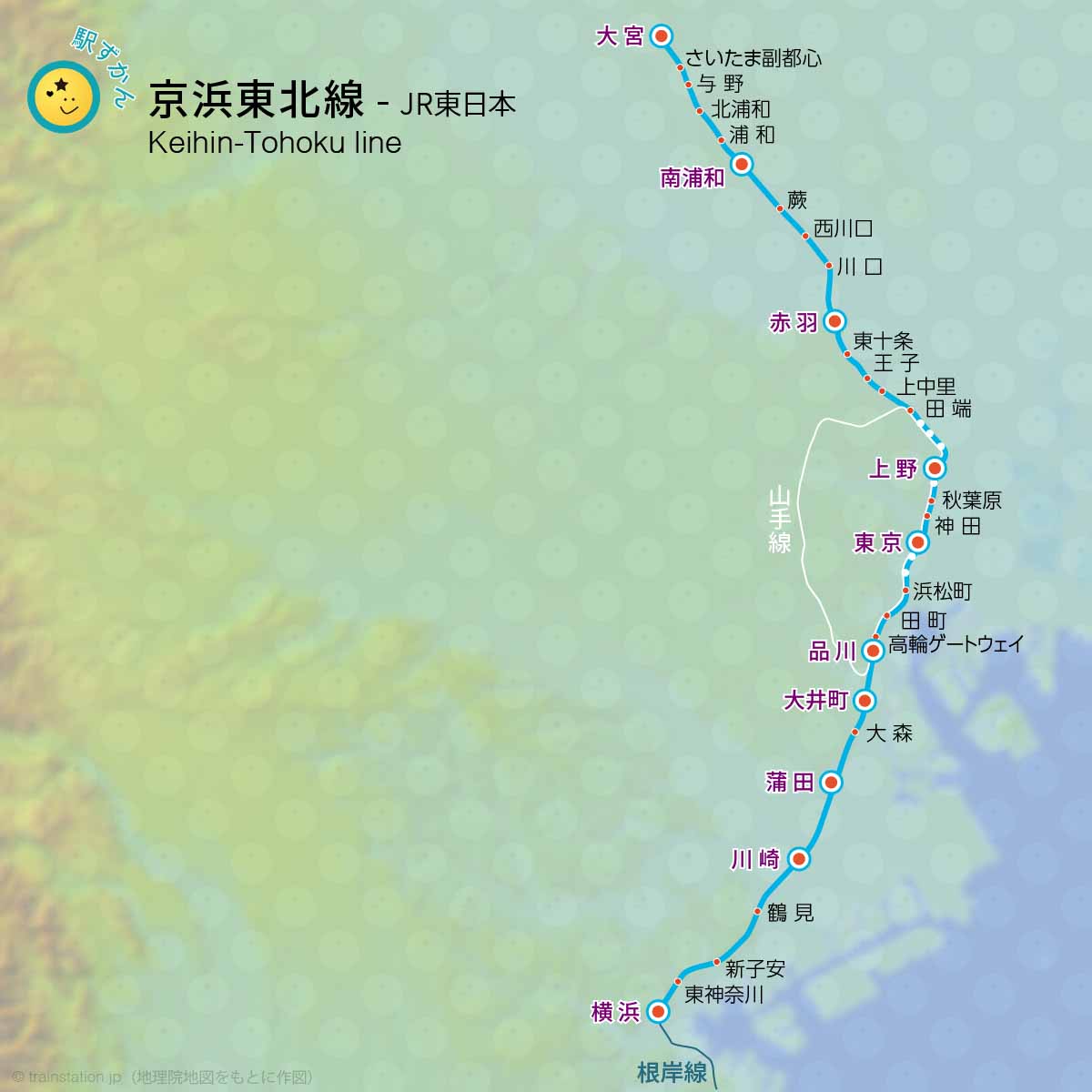 京浜東北線路線図と地形マップ