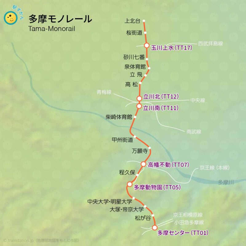 多摩モノレール路線図と地形地図