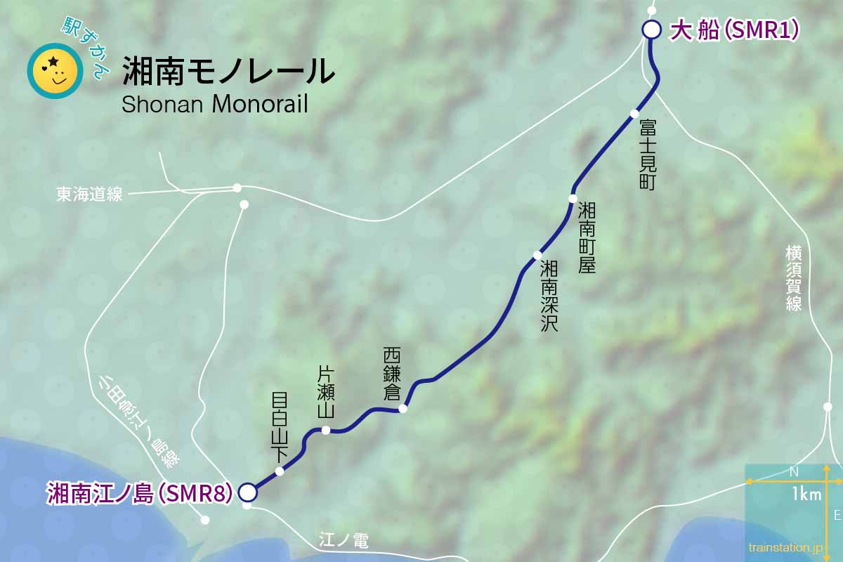湘南モノレール路線図と地形地図