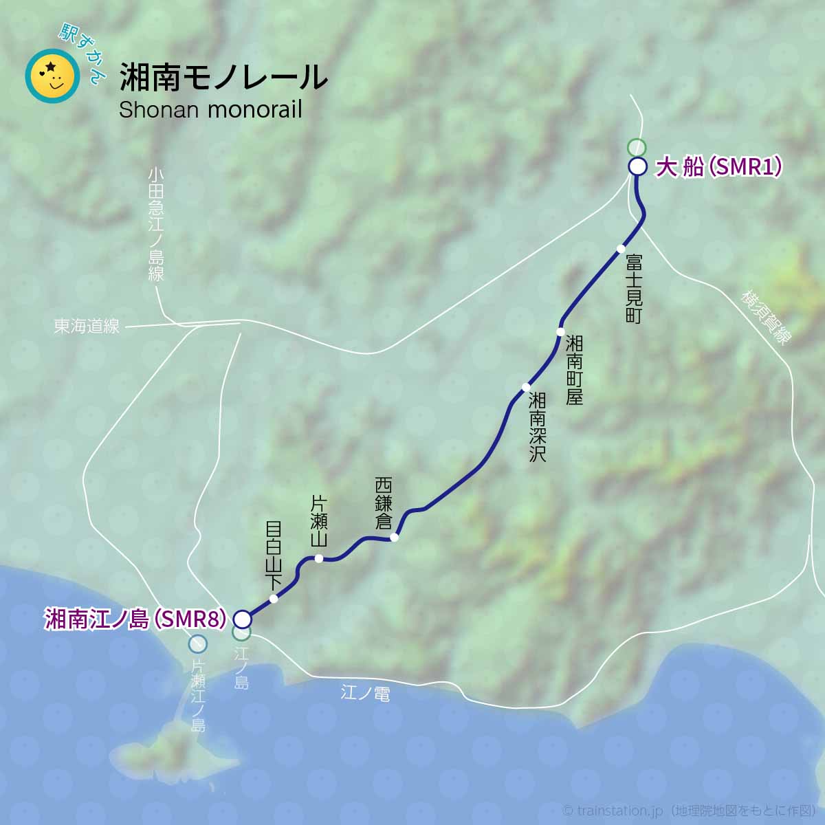 湘南モノレール路線図と地形地図