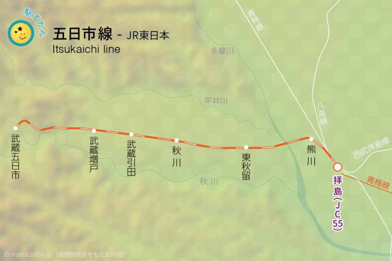 JR五日市線路線図と地形地図