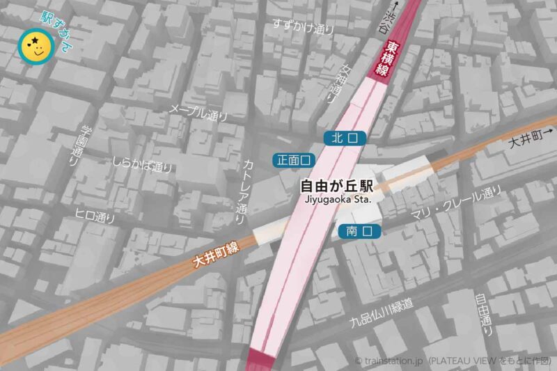 自由が丘駅の全域地図・乗り入れ路線図