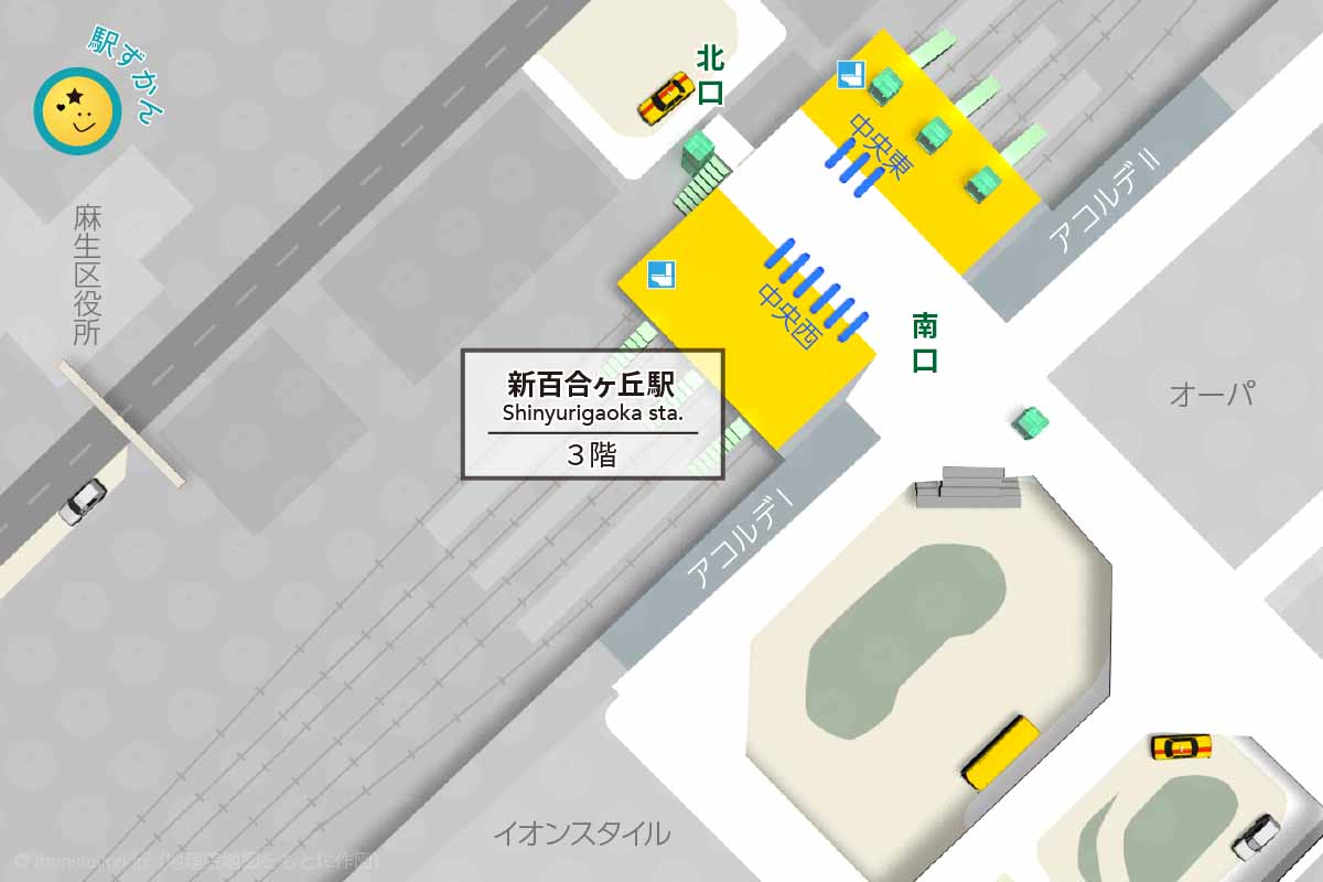 新百合ヶ丘駅構内図と周辺地図,麻生区役所ほか