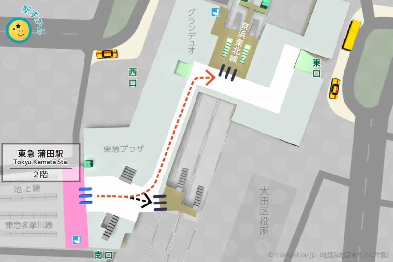 蒲田駅構内図(池上線/東急多摩川線)と周辺地図