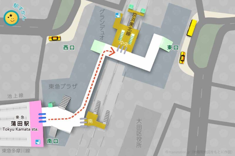 蒲田駅構内図(東急電鉄)と周辺地図