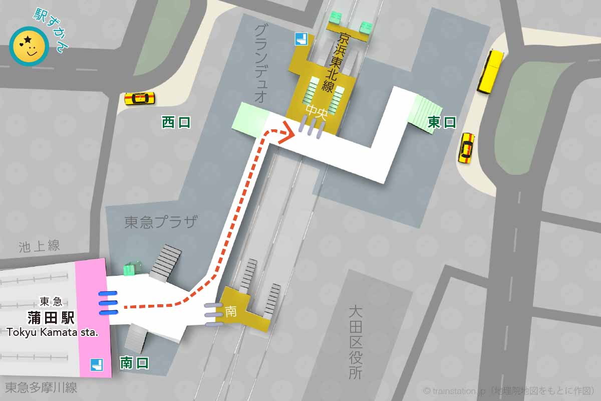 蒲田駅構内図(東急電鉄)と周辺地図