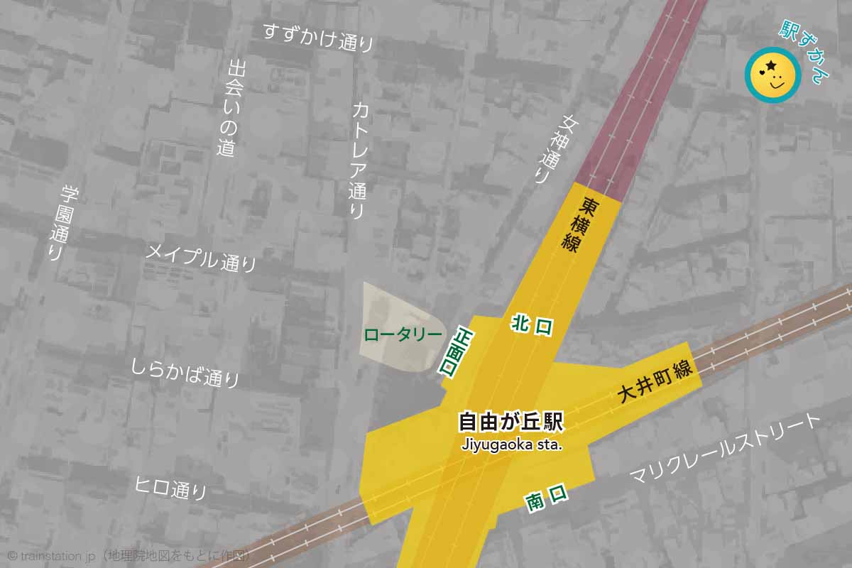 自由が丘駅の全域地図・乗り入れ路線図