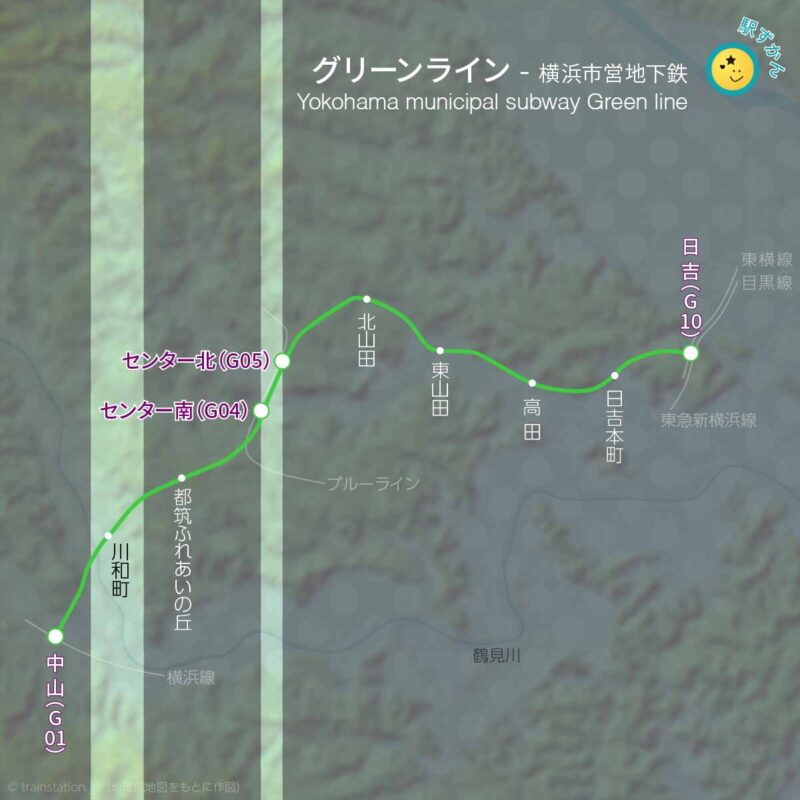 地下鉄グリーンライン路線図と地形地図