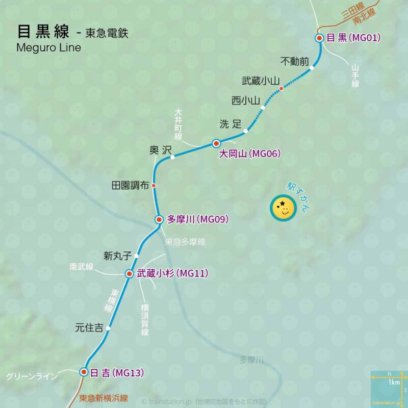 目黒線路線図と地形地図