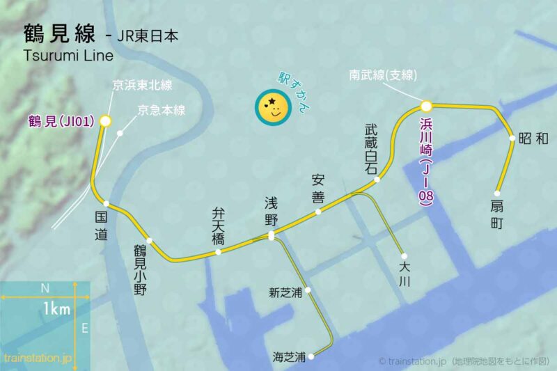 鶴見線路線図と地形地図