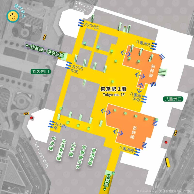 東京駅１階構内図と周辺地図