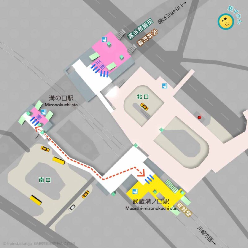 溝の口駅と武蔵溝ノ口駅の乗換マップ・路線図