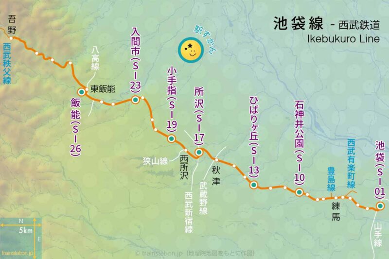 西武池袋線路線図と地形地図