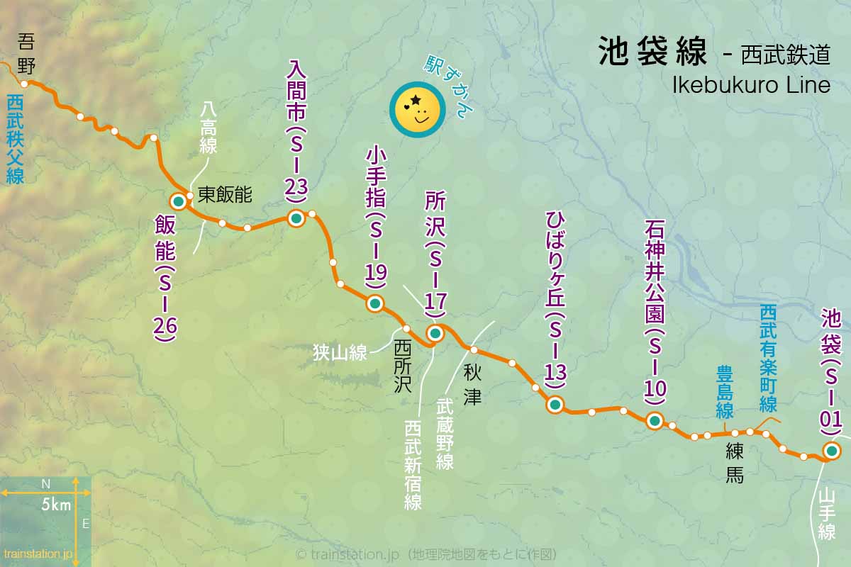 西武池袋線路線図と地形地図