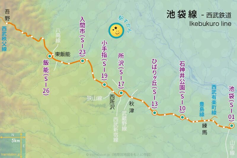 西武池袋線路線図と地形マップ