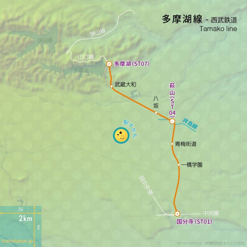 多摩湖線路線図と地形地図