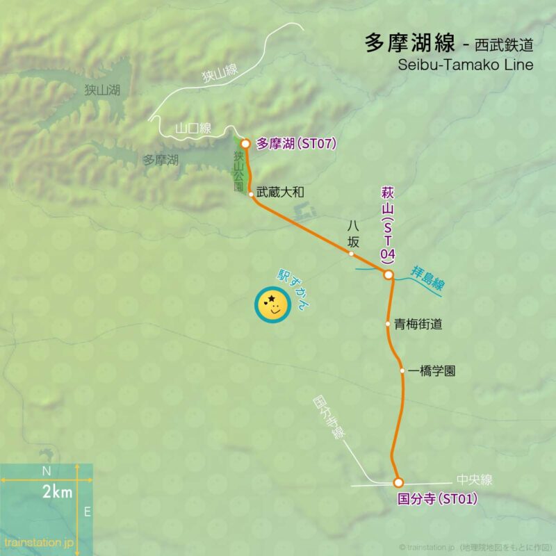 多摩湖線路線図と地形地図