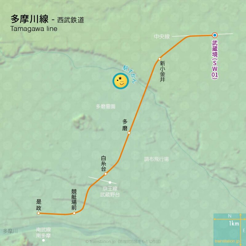 西武多摩川線路線図と地形地図