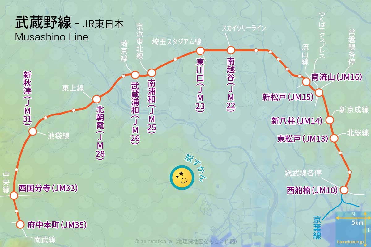 武蔵野線路線図と地形地図