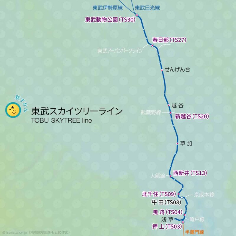 東武スカイツリーライン路線図と地形地図