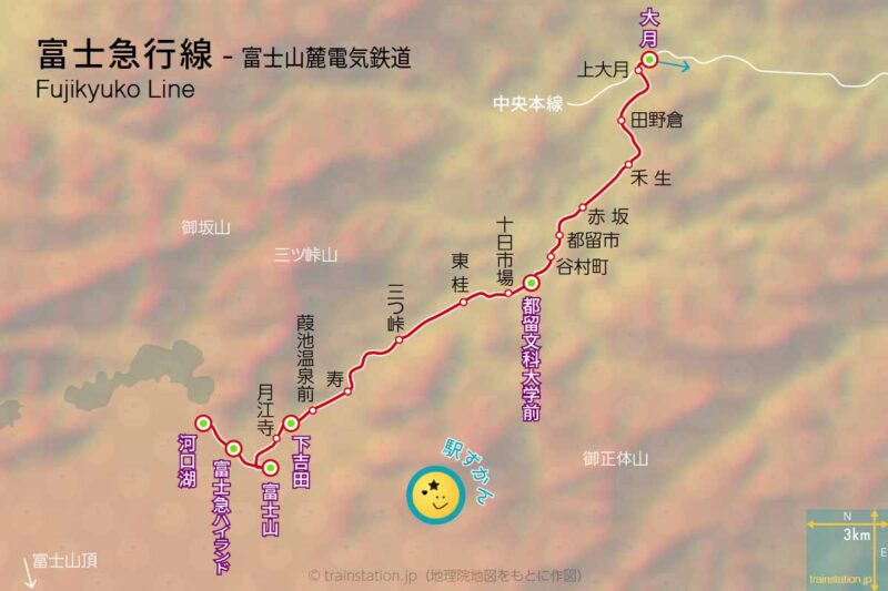 富士急行線路線図と地形地図
