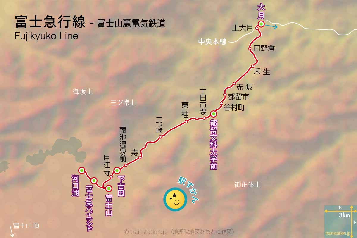 富士急行線路線図と地形地図