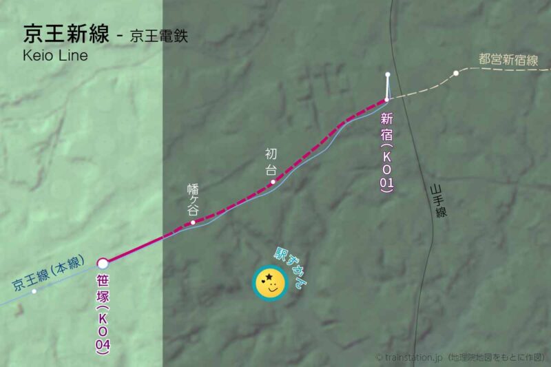 京王新線路線図と地形地図