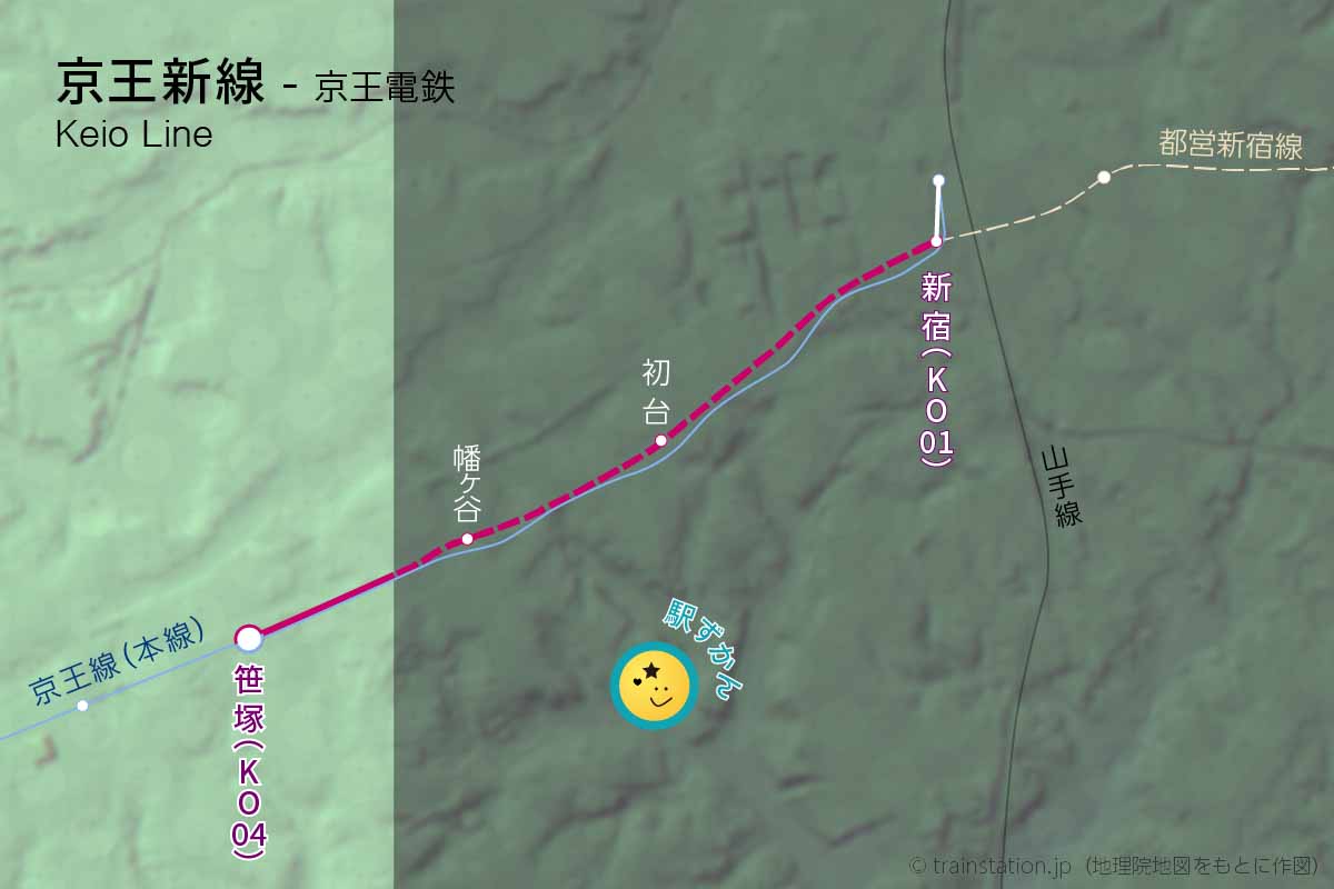 京王新線路線図と地形地図