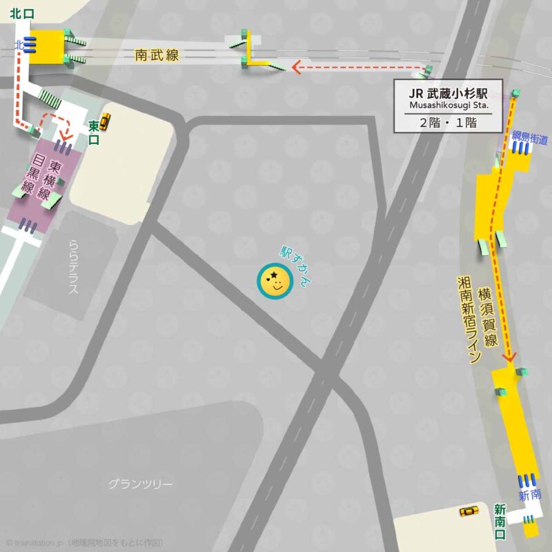 JR武蔵小杉駅構内図（南武線・横須賀線ほか）と周辺地図