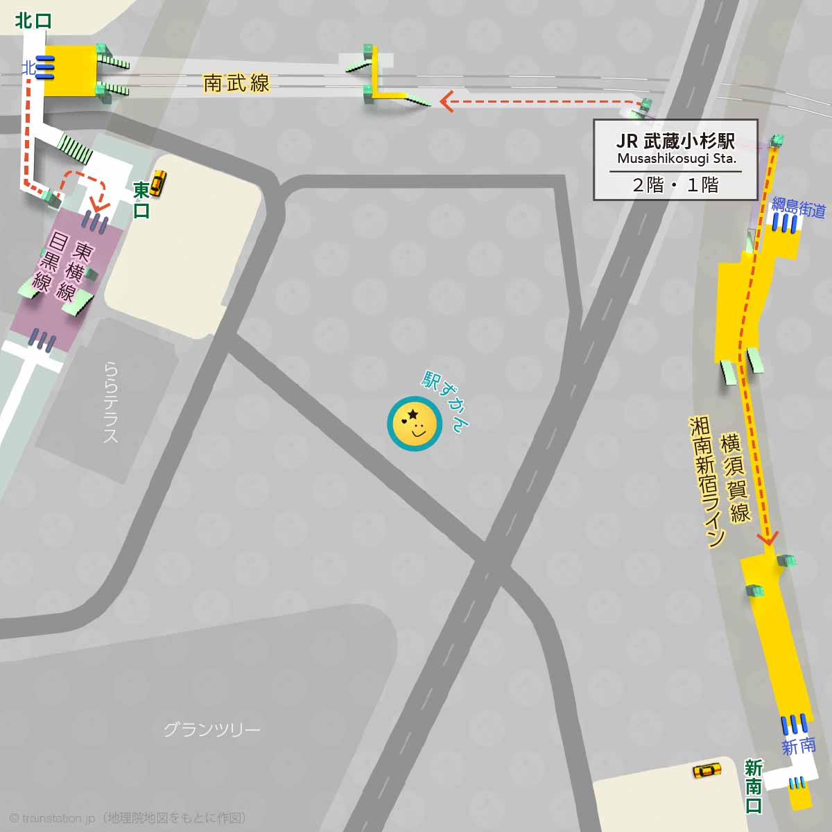 JR武蔵小杉駅構内図（南武線・横須賀線ほか）と周辺地図