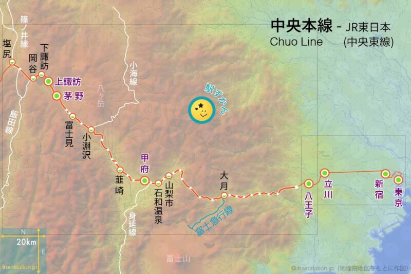 中央本線(中央東線：東京〜塩尻)の路線図と地形地図