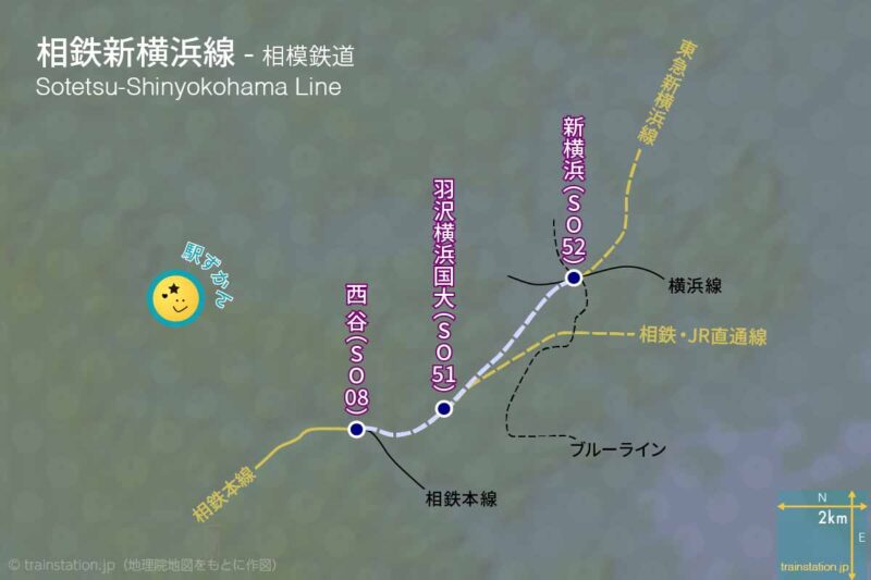 相鉄新横浜線の路線図と地形地図