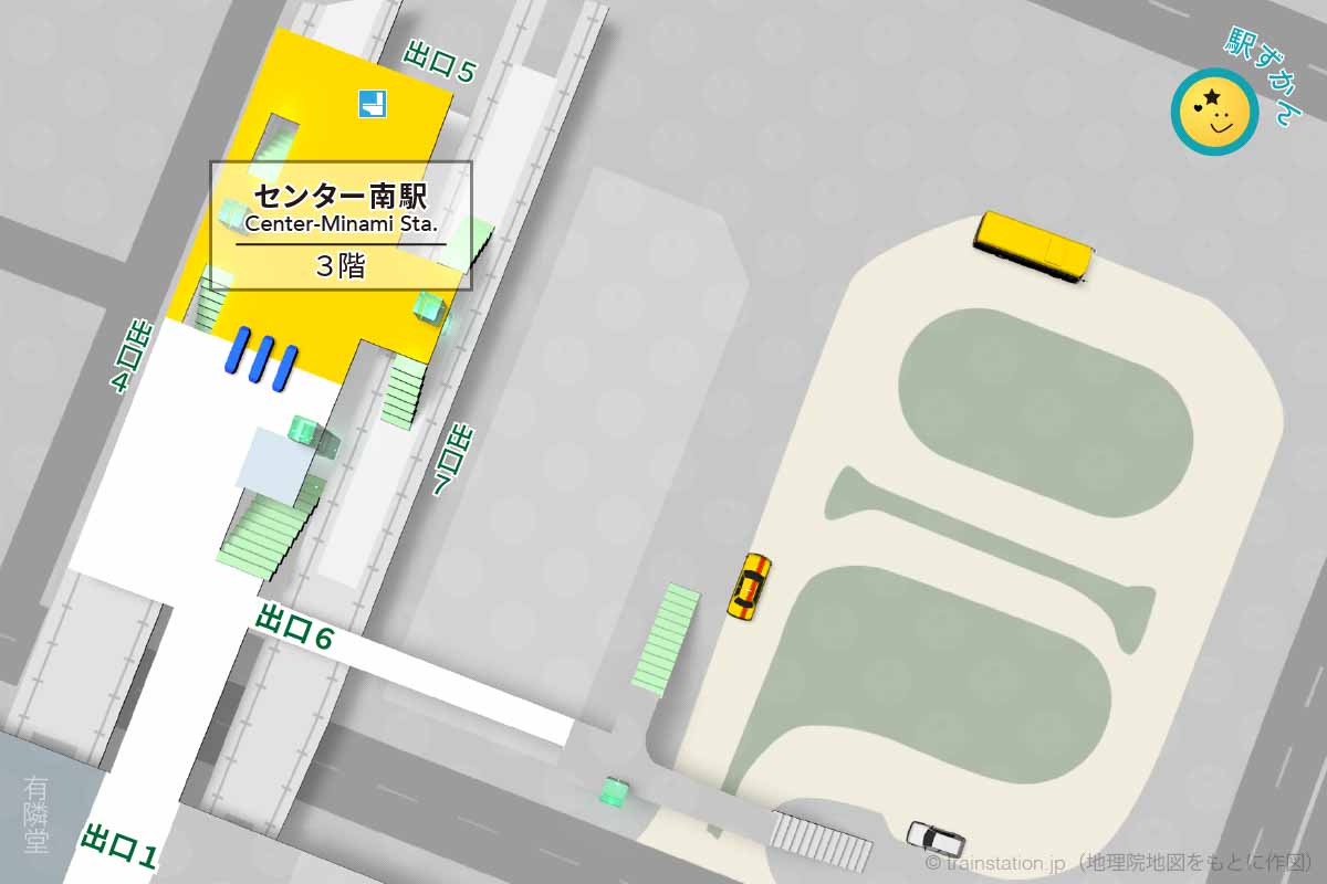 センター南駅構内図(横浜市営地下鉄)と周辺地図
