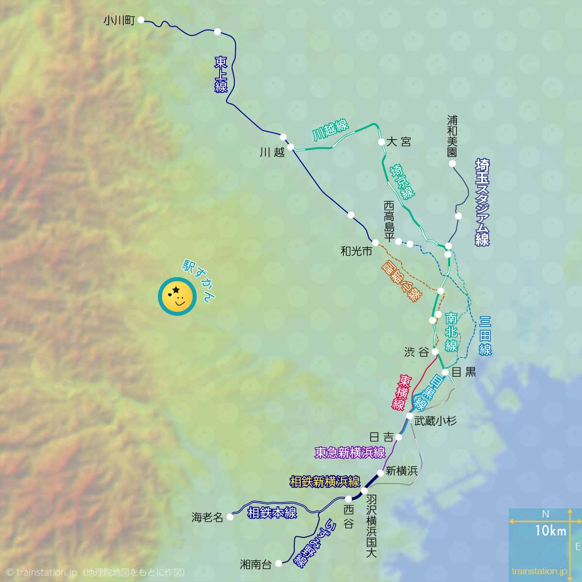 相鉄新横浜線の直通路線図と地形地図