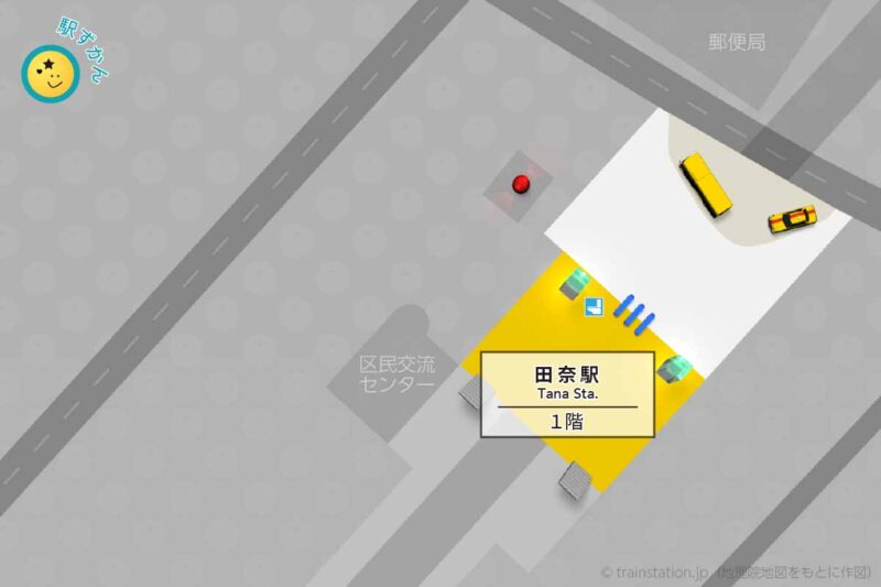 田奈駅構内図と周辺地図（駅ずかん制作）