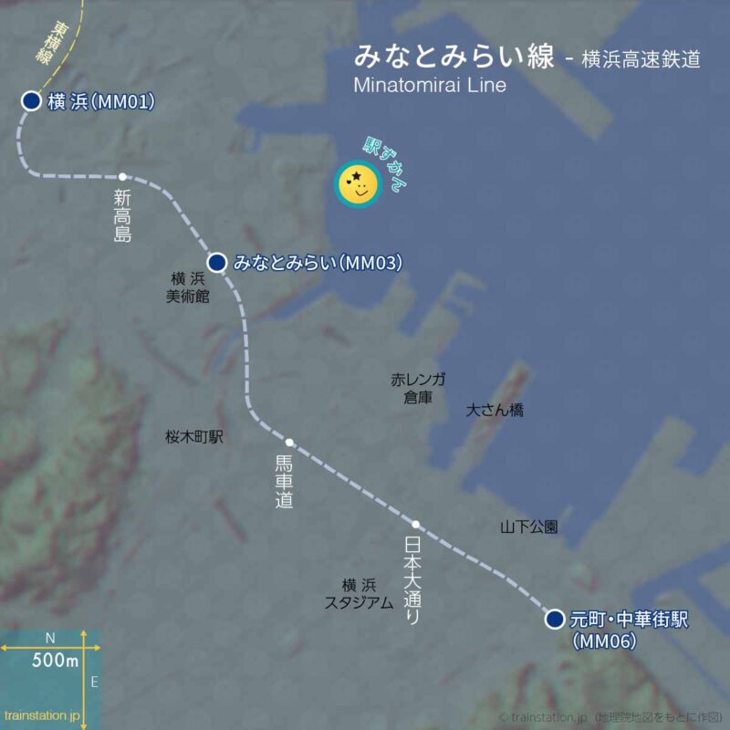 みなとみらい線路線図と地形地図