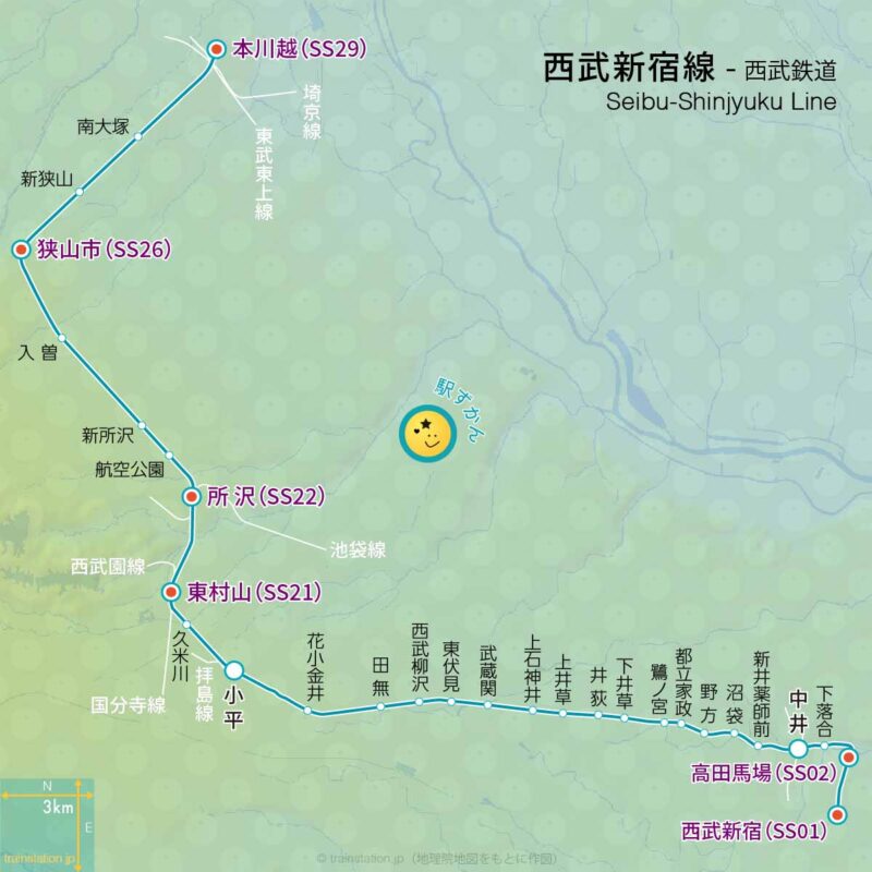 西武新宿線路線図と地形地図