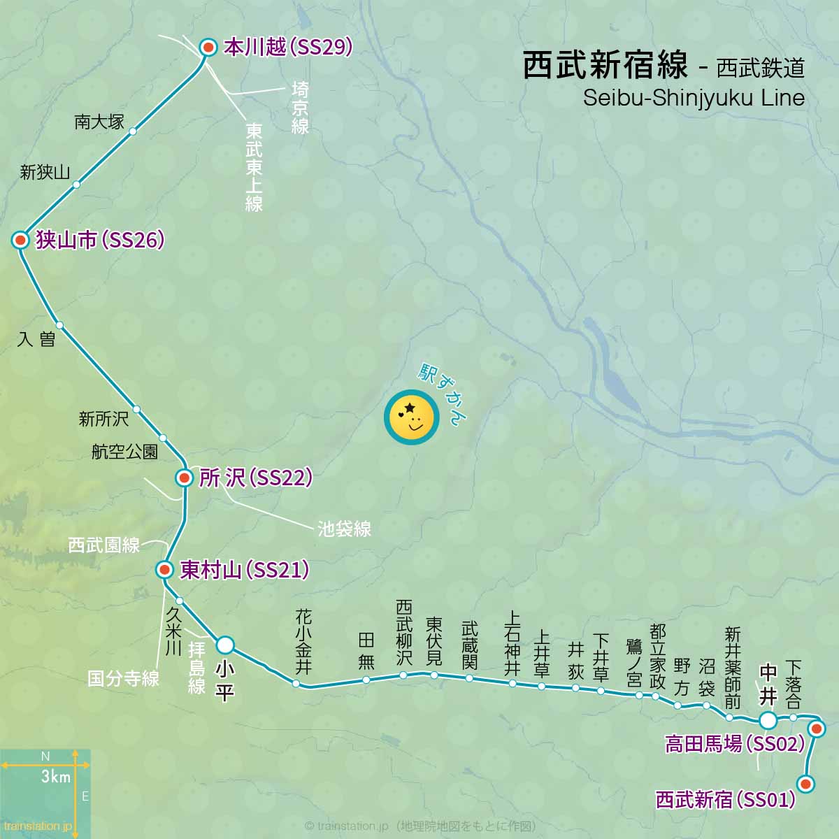 西武新宿線路線図と地形地図