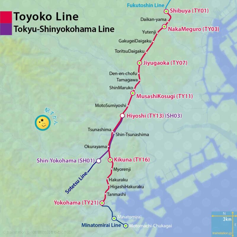 route map of Toyoko Line and Tokyu-Shinyokohama Line