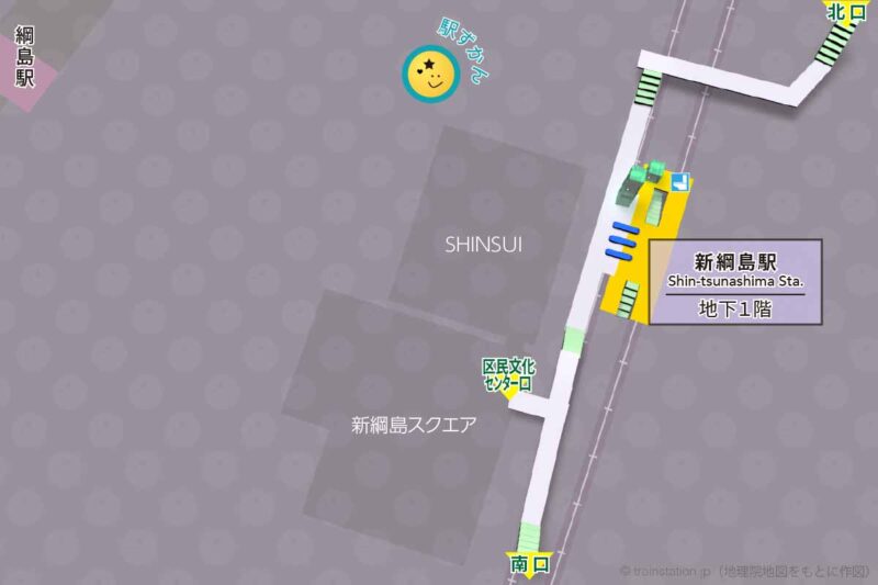 新綱島駅構内図と周辺地図（駅ずかん制作）