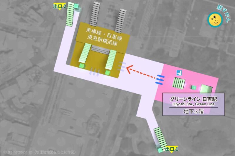 グリーンライン日吉駅構内図(横浜市営地下鉄)と周辺地図