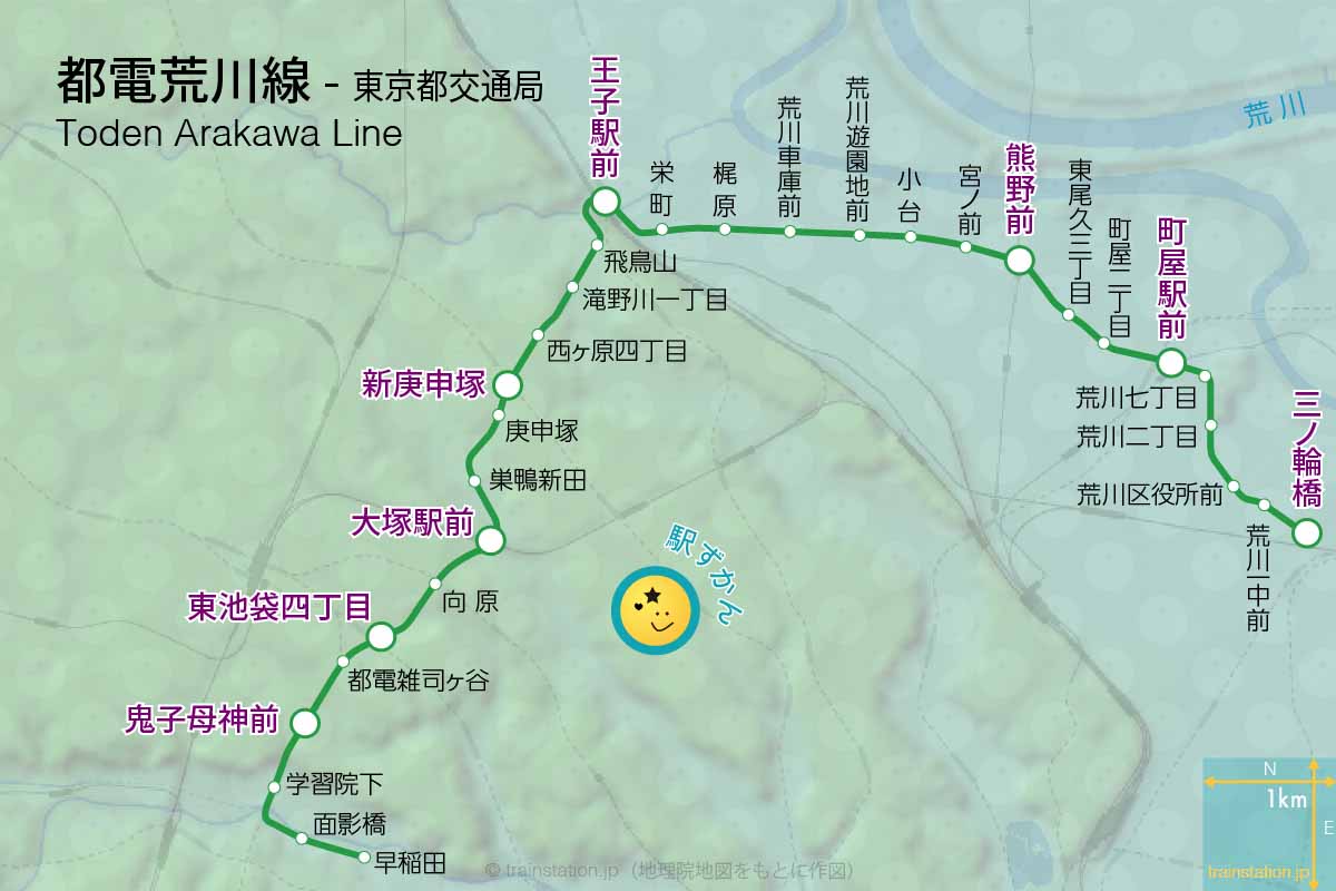 都営荒川線路線図と地形地図
