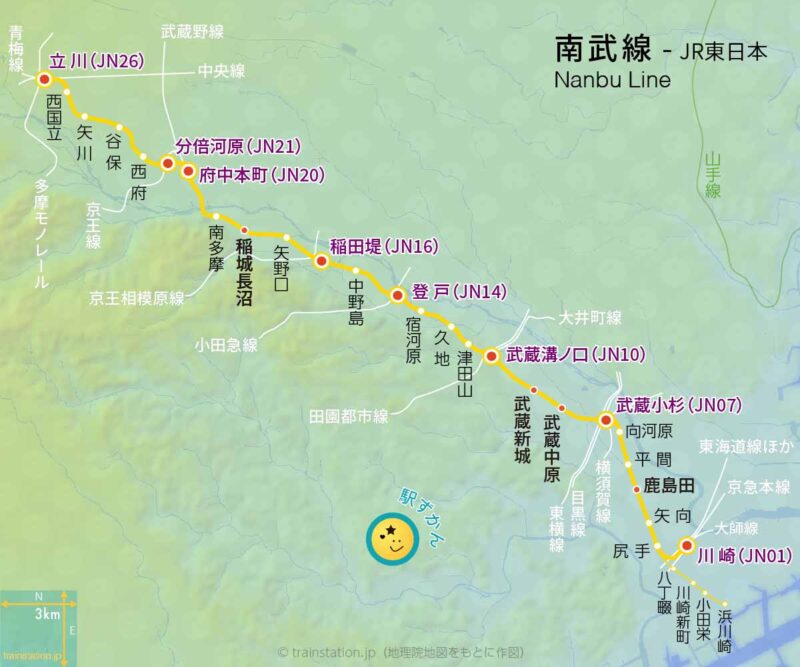 南武線路線図（JR東日本）と地形地図