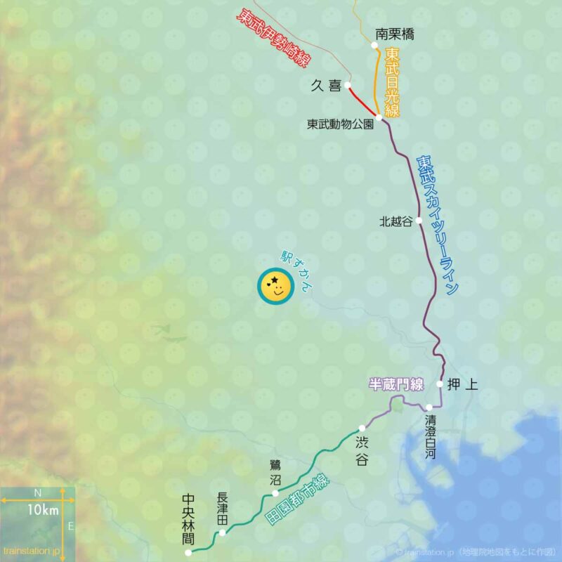 田園都市線⇔半蔵門線⇔東武線の直通路線図と地形地図