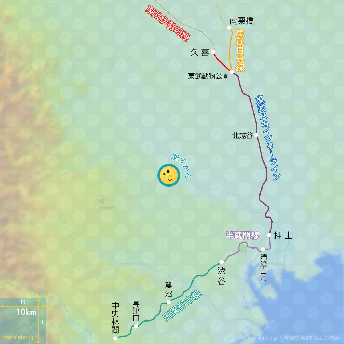 田園都市線⇔半蔵門線⇔東武線の直通路線図と地形地図