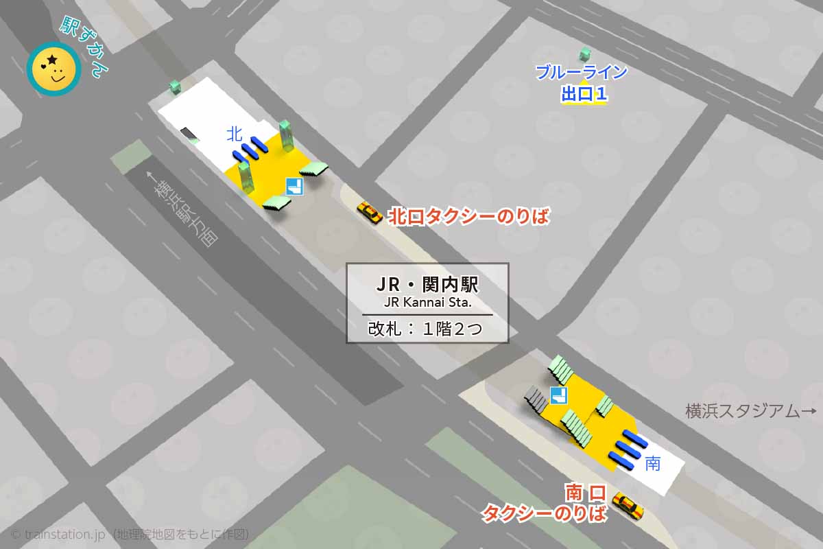 関内駅タクシー乗り場マップとJR関内駅構内図