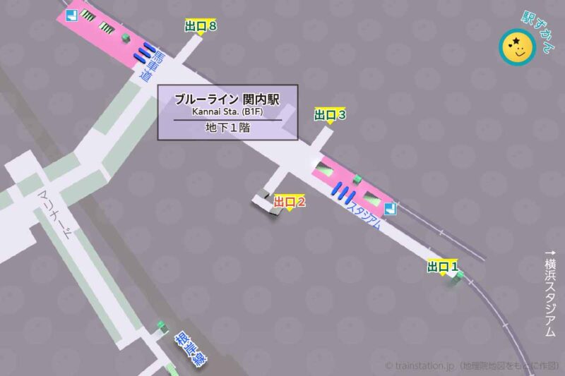 関内駅構内図（地下）と周辺地図（駅ずかん制作）