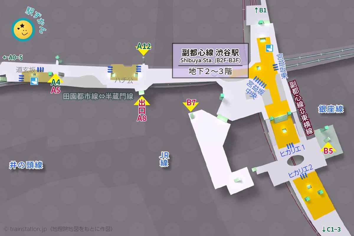 副都心線（地下）渋谷駅構内図と周辺地図