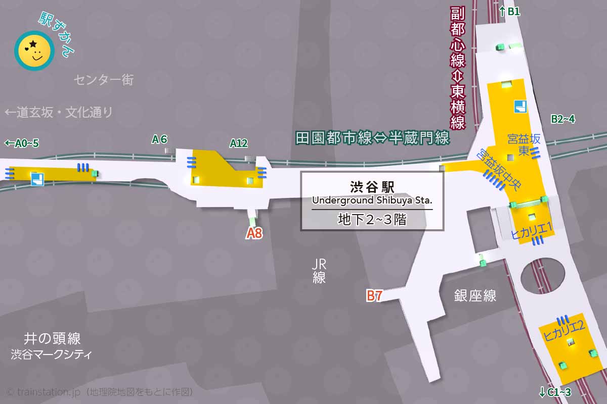 東横線と副都心線の渋谷駅構内図と周辺地図